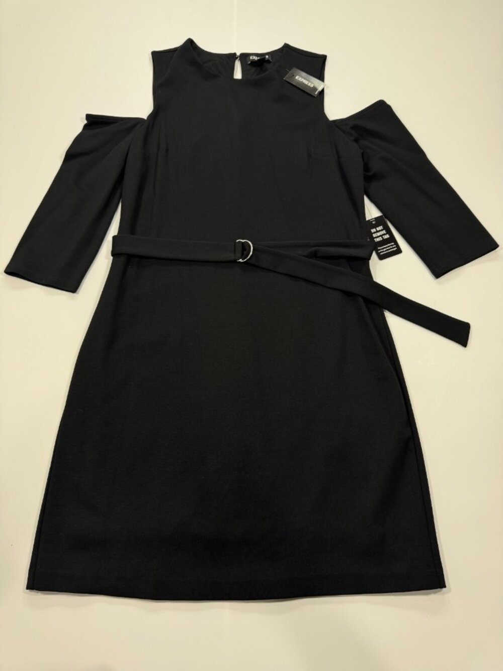 Express Dress Women's S Black Rayon Sheath Cold-Shoulder Sleeve Belted Stretch